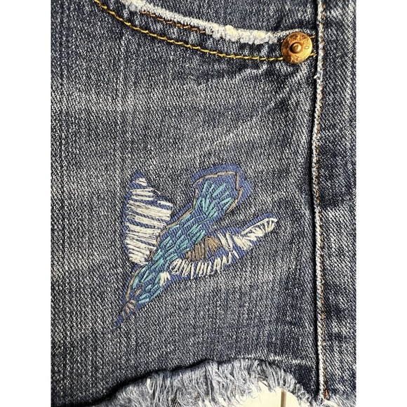 Levi's Y2K Embroidered Distressed Raw Hem Denim Mini Skirt Bird Boho Size 9 - Picture 5 of 10